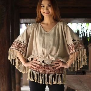 NEW Hand Crafted Ethnic Cotton Beige Blouse Size L